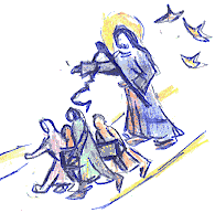 Zeichnung: Jesus beim Vertreiben der Hndler im Tempelbereich